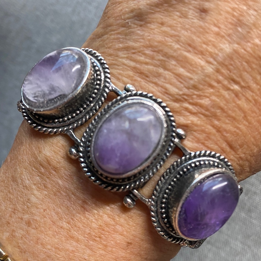 Vintage Amethyst Cabochon Statement Bracelet | Boho Silver Tone | 3 Stone Panel